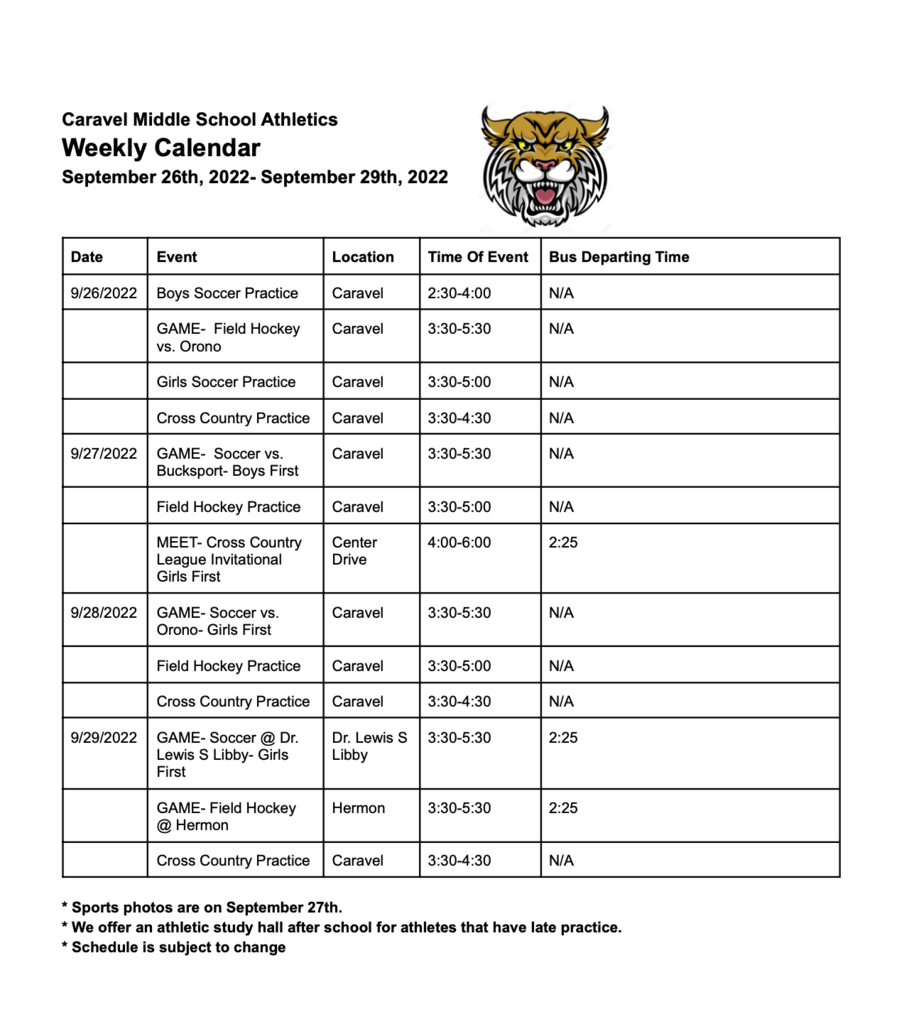 9/26 athletic schedule